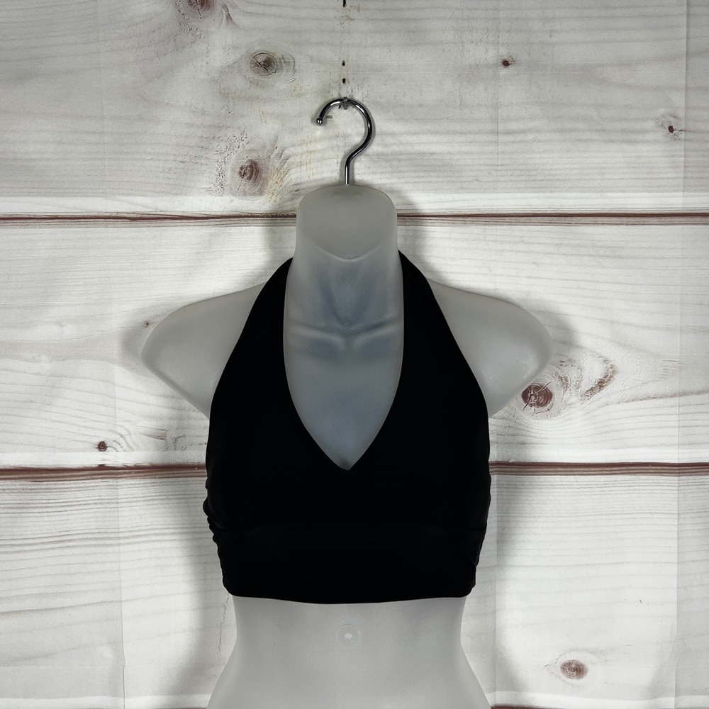 RSQ Halter Top Womens Small Black Solid Stretch Cropped V-Neck Tie Back Y2K